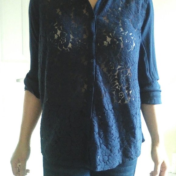 Hollister Navy Front Lace Button up Top - Picture 7 of 10